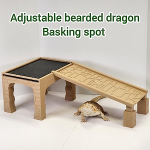 May include: Adjustable bearded dragon basking spot with a ramp and a platform. The platform has a textured surface and a small archway. The ramp is also textured and has a stone-like design. A bearded dragon is sitting on the ramp.