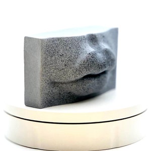 May include: A gray, rectangular sculpture featuring a sculpted face with closed lips. The art piece is made of a speckled material and sits on a white, rounded platform. The sculpture is a unique piece of home decor.