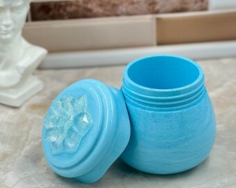 Handmade Baby Blue Resin Jar: Sparkling Flower Lid, Bathroom Decor