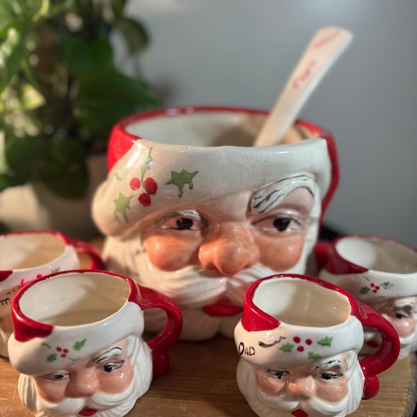 RARE! 1950’s Santa Head Punch Bowl,  4 Mugs and Ladle