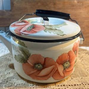 Vintage Enamel Tea Kettle w/ wood handle