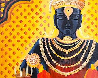 May include: A painting of a deity with a dark blue skin tone, wearing a gold crown and multiple gold necklaces. The deity is seated on a throne with a red robe and a golden background.