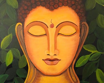 Handmade Buddha Painting on Canvas, Zen Indian Folk Art
