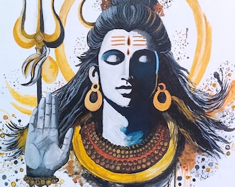 Puede incluir: Una pintura vibrante de una deidad con una expresión serena. La obra presenta una figura con cabello oscuro, un tercer ojo y joyas doradas. Un halo dorado rodea la cabeza y la figura sostiene un tridente. La paleta de colores incluye tonos de oro, azul y blanco.