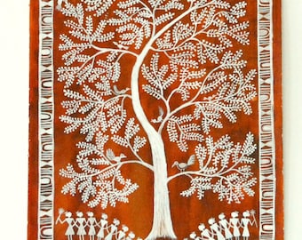 Hand Painted Warli Folk Art Painting, Tribal Wall Decor