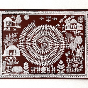 Hand-Painted Warli Folk Art Canvas, Ethnic Tribal Nature Wall Decor