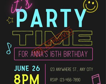 Invito di compleanno stampabile personalizzato Neon multicolore su nero