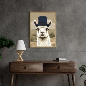 May include: A white llama wearing a blue top hat with a brown background. The llama is looking directly at the viewer.