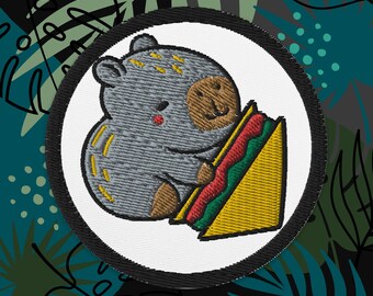 Capybara Embroidered Patch, Cute Grey Capybara Holding Sandwich, Adorable Iron-On Patch, Funny Gift For Foodie, Sandwich Lovers Patch