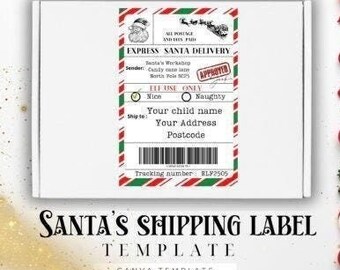 Etykieta wysyłkowa Świętego Mikołaja, edytowalny szablon świąteczny (Canva)