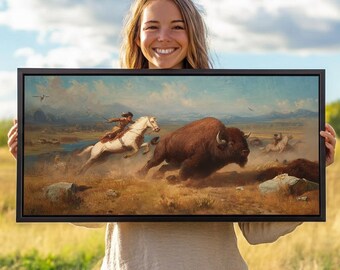Buffalo Charge Framed Canvas Print, Western Horse Rider Art, Rustic Lodge Decor
