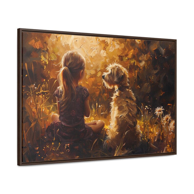 Obraz na płótnie w ramie „Dziewczynka i pies”: styl malarstwa olejnego, wystrój pokoju dziecięcego zdjęcie 6