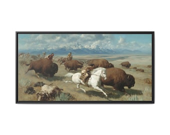 Bison Hunt Framed Canvas Print, Western Cowboy Decor