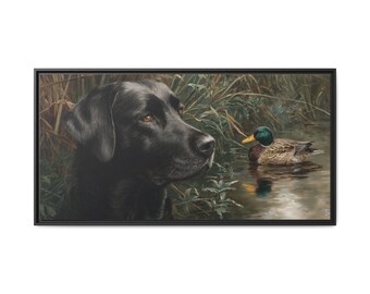 Black Lab and Mallard Duck Framed Canvas Print – Rustic Wildlife Art