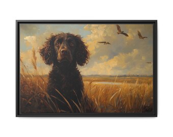 Hunting Landscapes, Duck Hunting Dog, Boykin Spaniel, Custom Art, Framed Canvas Print, Oil Painting Style, Natural Landscape, Wrapped Canvas