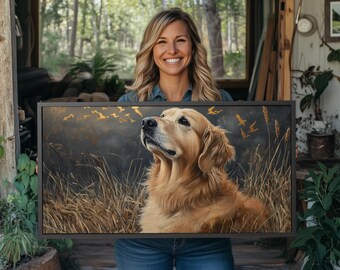 Golden Retriever Canvas Print: Duck Hunting, Gold Foil Art, Rustic Decor