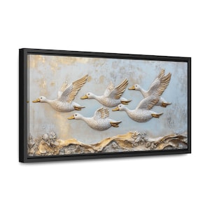 Ducks in Flight - Framed Canvas Print - Elegant Farmhouse Wall Art - Country Home Décor - Flying Birds Painting - Oil Painting Style