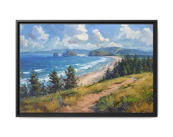 Impresión en lienzo enmarcada de la costa de Oregón, pintura al óleo de paisaje marino.