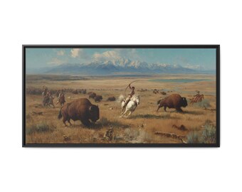 Western Buffalo Hunt Framed Canvas Print, Prairie Landscape Wall Art
