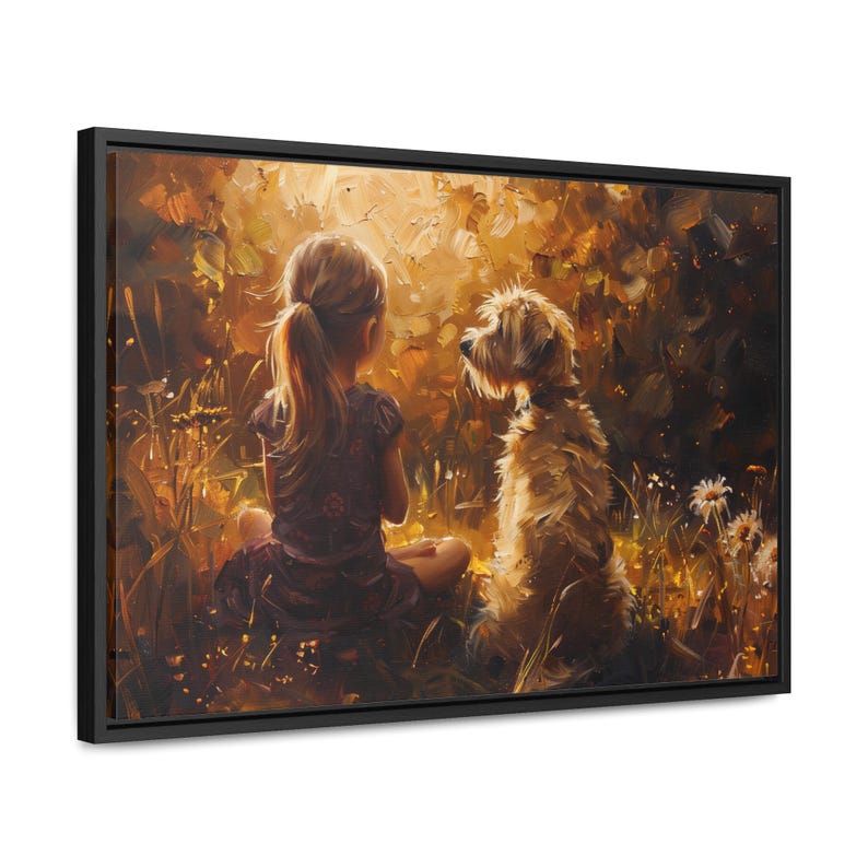 Obraz na płótnie w ramie „Dziewczynka i pies”: styl malarstwa olejnego, wystrój pokoju dziecięcego zdjęcie 3