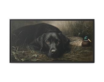 Black Lab Duck Hunting Dog Framed Canvas Print – Wildlife Art