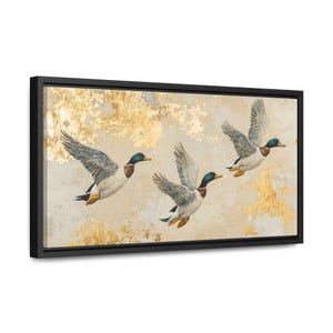 Mallards in Motion - Gold & Blue Artistic Duck Canvas Print, Elegant Wildlife Painting, Waterfowl Art for Home or Lodge, Framed Canvas Print