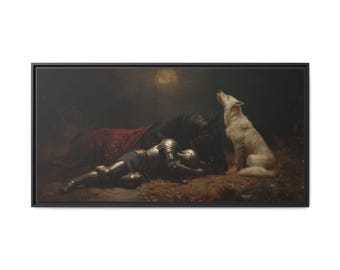 Fallen Knight and White Wolf Framed Canvas Print, Gothic Fantasy Wall Art