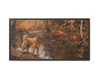 May include: An oil painting in a black frame shows a golden retriever by a river in an autumn forest. The artwork uses warm tones of brown, orange, and gold, with detailed brushstrokes capturing the dog's fur and the surrounding foliage.