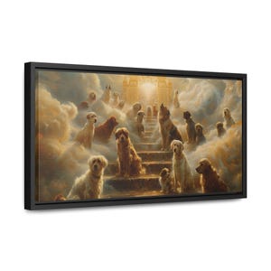 All Dogs Go to Heaven, Oil Painting Style, Framed Canvas Print, Golden Gates, Heavenly Clouds, Heartwarming Pet Memorial Art, Pet Loss