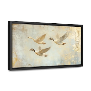 Ducks Soaring in Golden Sky - Framed Canvas Print - Hunting Cabin Wall Art - Waterfowl Decor - Rustic Nature Wildlife Painting - Elegant Art