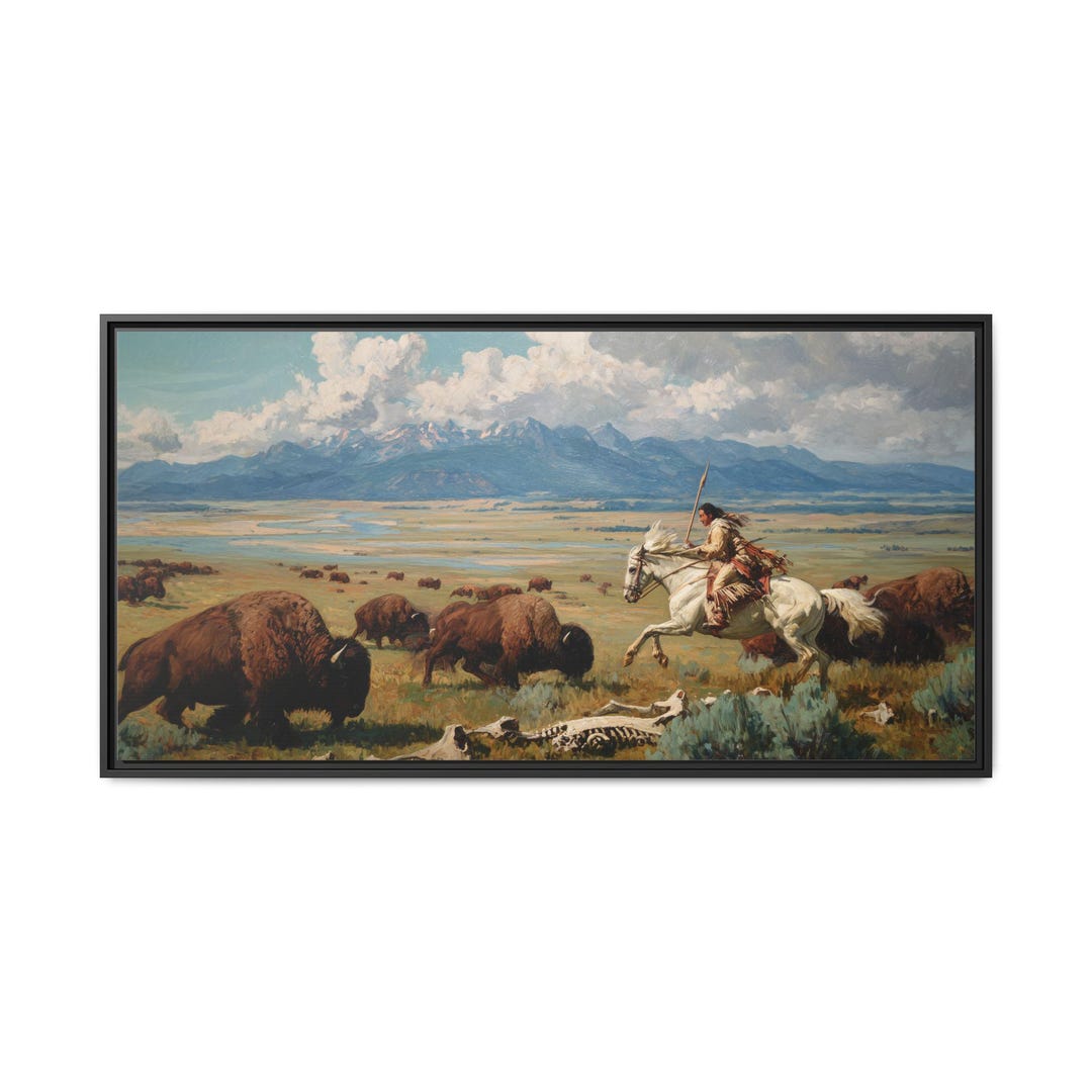 Bison Herd & Rider on White Horse, Western Oil Painting Style Framed ...