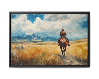 Cowboy & Horse Canvas Print: Golden Meadow, Rustic Western Ranch Art