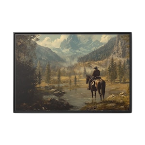 Cowboy in Mountains Framed Canvas Print: Western Ranch Decor