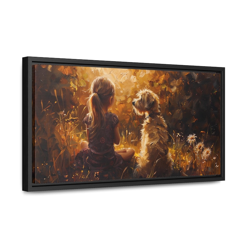 Obraz na płótnie w ramie „Dziewczynka i pies”: styl malarstwa olejnego, wystrój pokoju dziecięcego zdjęcie 1