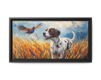 Pointer & Pheasant Framed Canvas Print: Hunting Dog Oil Painting, Lodge Wall Art