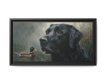 Black Lab & Mallard Duck Framed Canvas Print – Hunting Dog Wildlife Art