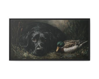 Black Lab & Mallard Duck Framed Canvas Print – Wildlife Art