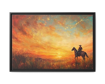 Cowboy Sunrise Framed Canvas Print, Western Oil Painting Style Art