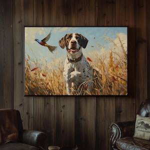 Pointer Hunting Pheasant, Framed Wrapped Canvas Print, Oil Painting Style, Upland Bird Dog Painting, Hunting Lodge Decor, Field Dog