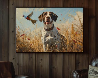Pointer Hunting Pheasant Framed Canvas Print: Oil Painting Style