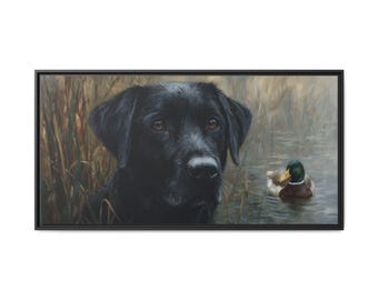 Black Lab and Duck Framed Canvas Print – Hunting Dog Wall Art