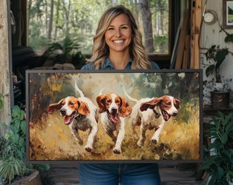Hound Dogs Hunting Framed Canvas Print: Oil Painting Style Wall Art