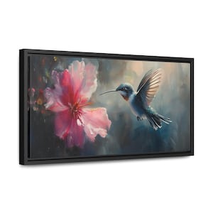 Hummingbird & Blossom Framed Canvas Print: Oil Painting Style Wall Art