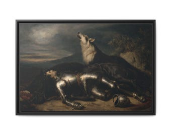 Fallen Knight Framed Canvas Print, Renaissance Wolf Art