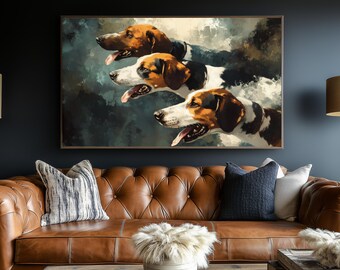 Inramad canvastavla med hundar: Oljemålningsstil, jaktstugadekor
