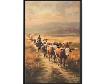 Texas Cattle Drive Framed Canvas Print, Western Ranch Decor