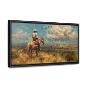 Horseback Cowboy Horizons, Country Western Wall Art, Oil Painting Style, Framed Wrapped Canvas Print, Home Decor, Horse Art