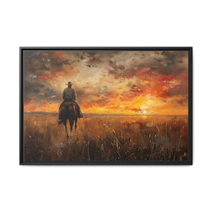 A Cowboy Sunset - Oil Painting Style Print - Wrapped Canvas - Rustic Western Wall Art - Country Ranch Home Decor - Horse Painting - Framed