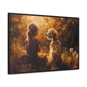 Obraz na płótnie w ramie „Dziewczynka i pies”: styl malarstwa olejnego, wystrój pokoju dziecięcego zdjęcie 5