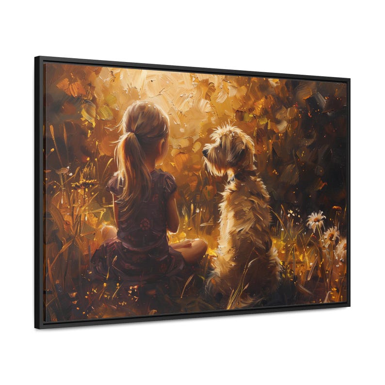 Obraz na płótnie w ramie „Dziewczynka i pies”: styl malarstwa olejnego, wystrój pokoju dziecięcego zdjęcie 5